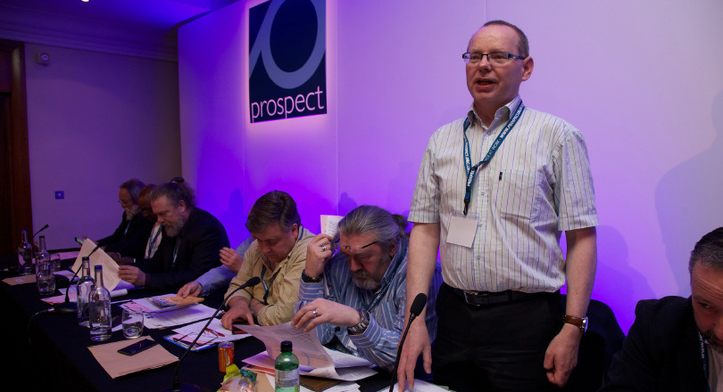 Philip O'Rawe, BT committee, addresses BT conference, nottingham, 17 May 2018. Photo by John Birdsall