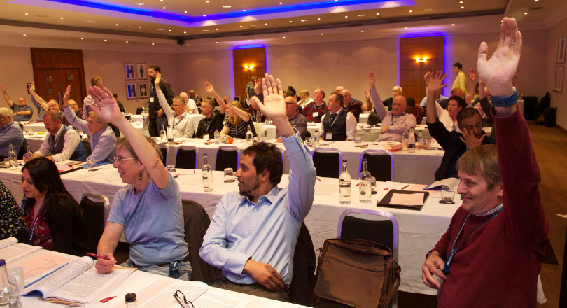 Delegate vote at BT conference, nottingham, 17 May 2018. Photo by John Birdsall