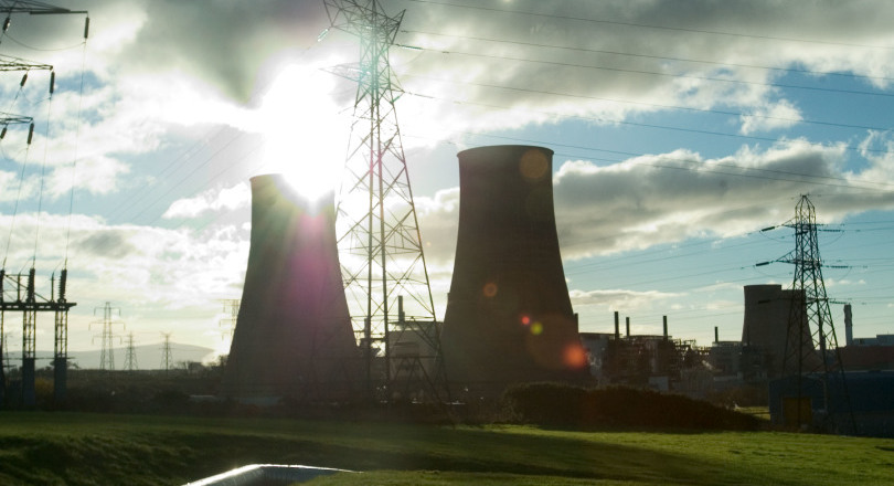 chimney and pylons at Sellafield nuclear site